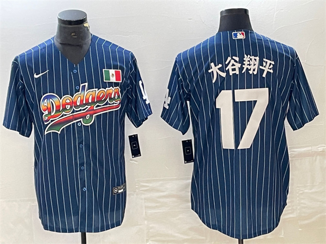 Men's Los Angeles Dodgers #17 大谷翔平 Navy Cool Base With Patch Stitched Baseball Jersey